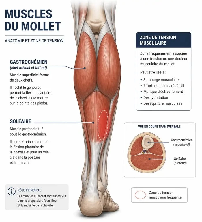 Schéma anatomique des muscles du mollet pour identifier une contracture au mollet