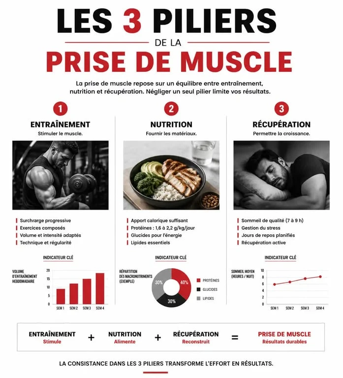 Infographie des piliers pour prendre des muscles rapidement : entraînement, nutrition et récupération