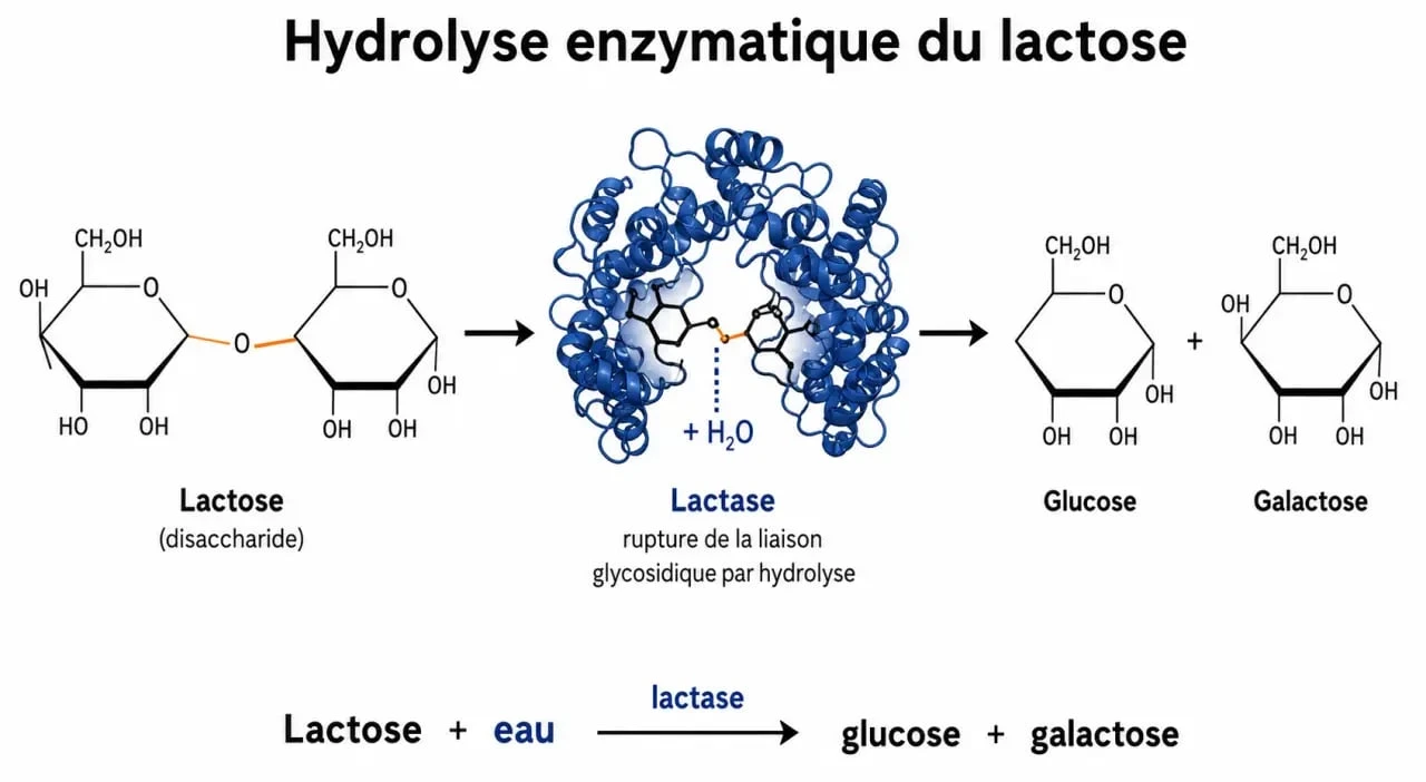 Schéma du processus d'hydrolyse enzymatique pour obtenir du lait sans lactose