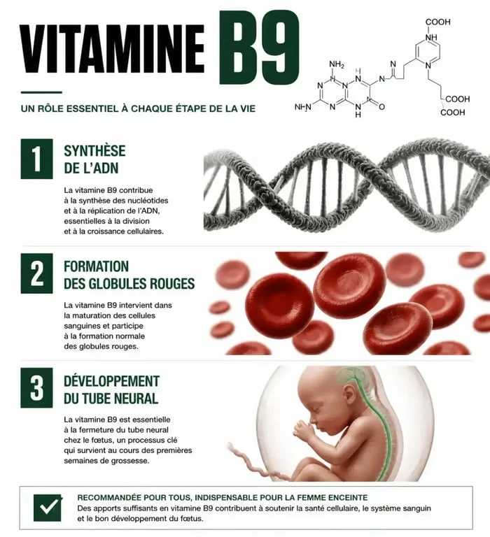 Infographie sur les bienfaits et rôles de la vitamine B9 dans le corps humain