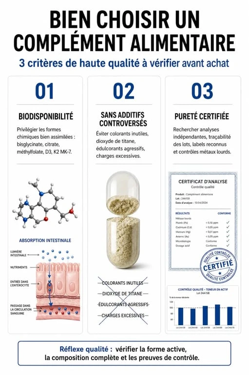 Infographie sur les critères pour choisir les meilleurs compléments alimentaires de qualité