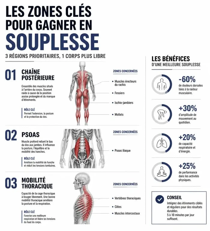Infographie des zones clés pour gagner en souplesse