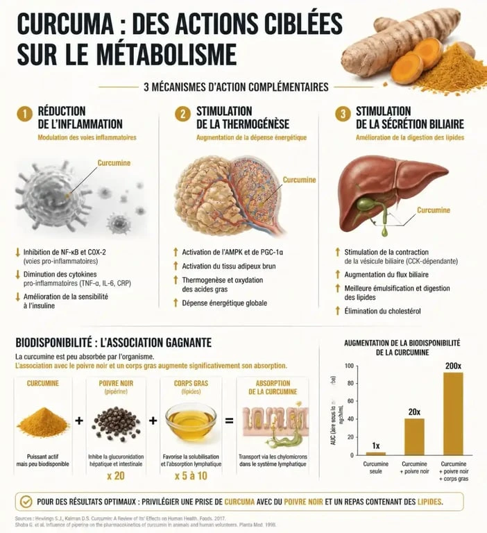 Infographie sur les mécanismes d'action du curcuma et la perte de poids