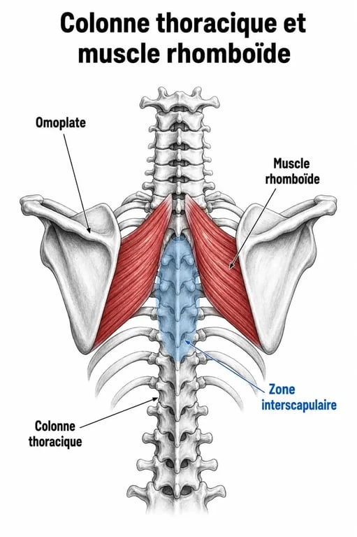 Schéma anatomique montrant la localisation du muscle rhomboïde et des vertèbres thoraciques pour comprendre le point dans le milieu du dos.