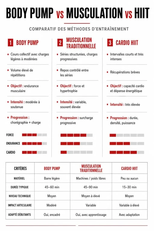 Infographie comparative : Body Pump, musculation traditionnelle et cardio HIIT pour comprendre les différences