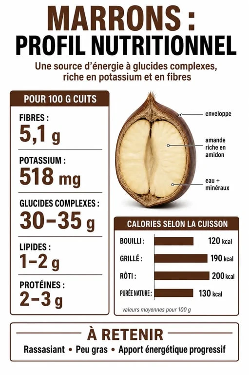 Infographie sur les bienfaits nutritionnels et l'apport calorique des marrons pour la gestion du poids