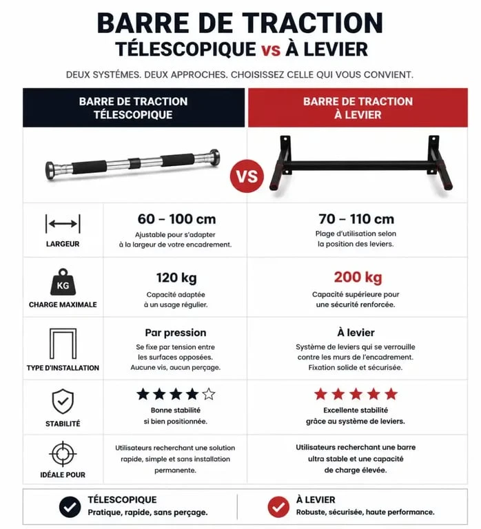 Comparatif des types de barre de traction de porte : télescopique vs à levier