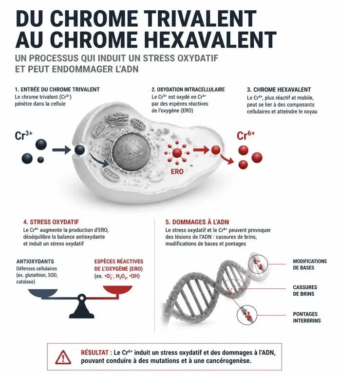 Schéma scientifique des risques du picolinate de chrome et stress oxydatif cellulaire