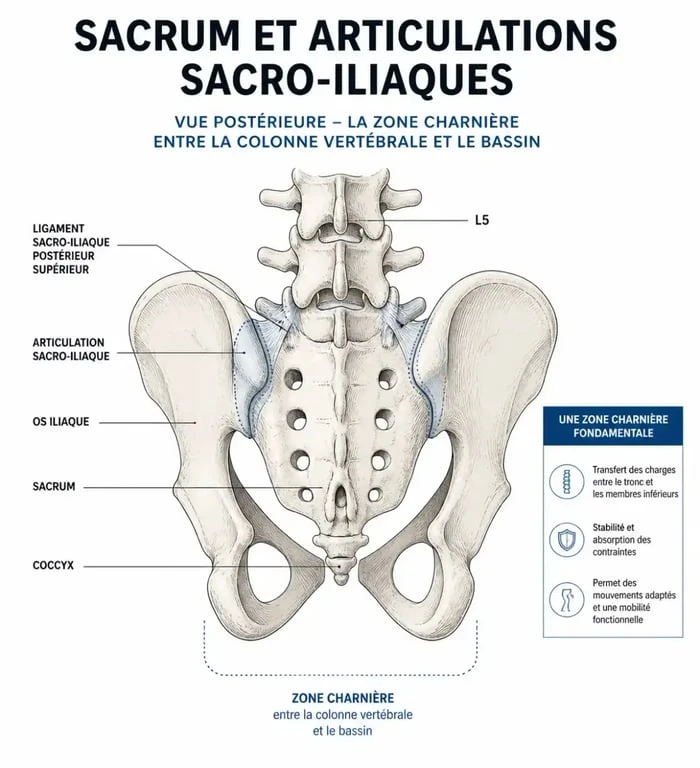 Schéma anatomique du sacrum et des articulations sacro-iliaques pour comprendre la douleur sacrum