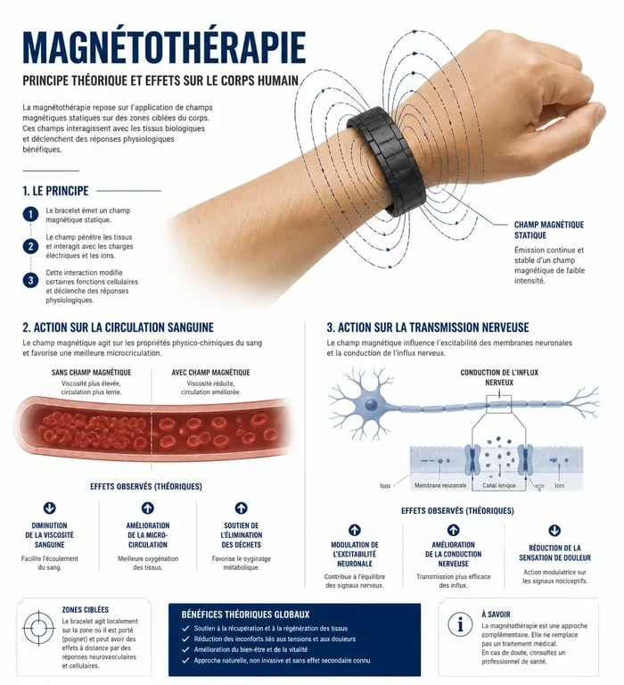 Infographie explicative sur le fonctionnement et l'efficacité médicale des bracelets magnétiques sur la douleur