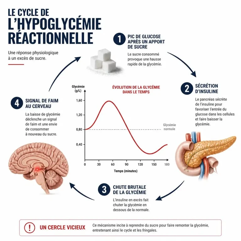 Infographie expliquant le mécanisme de l'hypoglycémie réactionnelle et l'envie de sucre