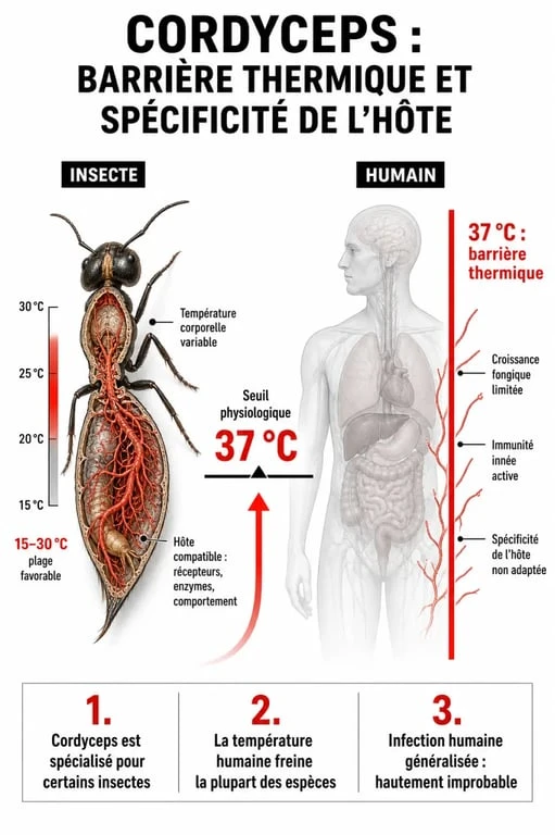 Infographie expliquant pourquoi le cordyceps n'est pas dangereux pour l'homme