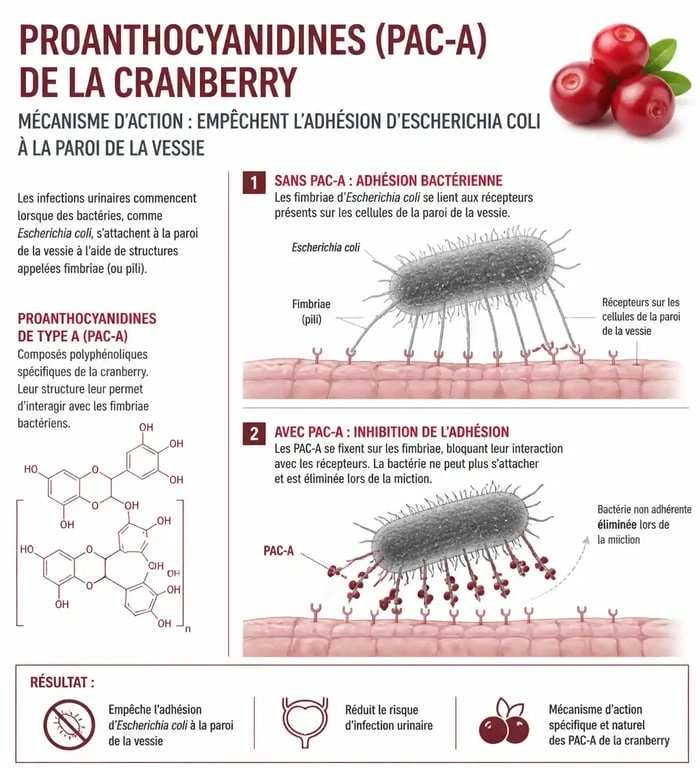 Schéma du mécanisme d'action de la cranberry contre les bactéries responsables des infections urinaires