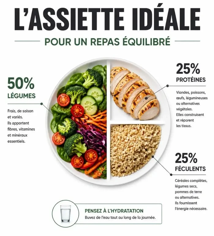 Infographie de la méthode de l'assiette idéale pour composer des idées de repas équilibré au quotidien