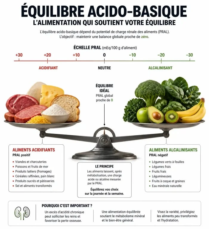 Infographie sur l'équilibre acido-basique et les aliments à éviter pour limiter l'acide lactique