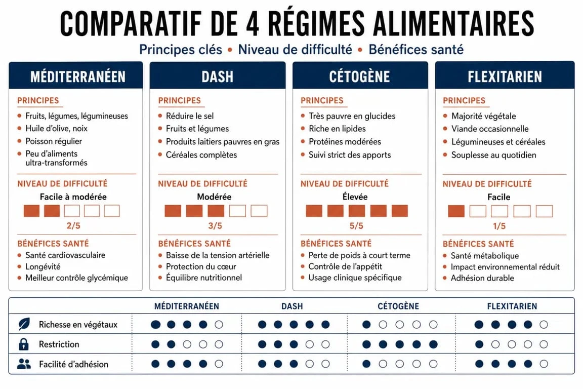 Infographie comparative des meilleurs régimes pour perdre du poids : Méditerranéen, DASH, Cétogène et Flexitarien.