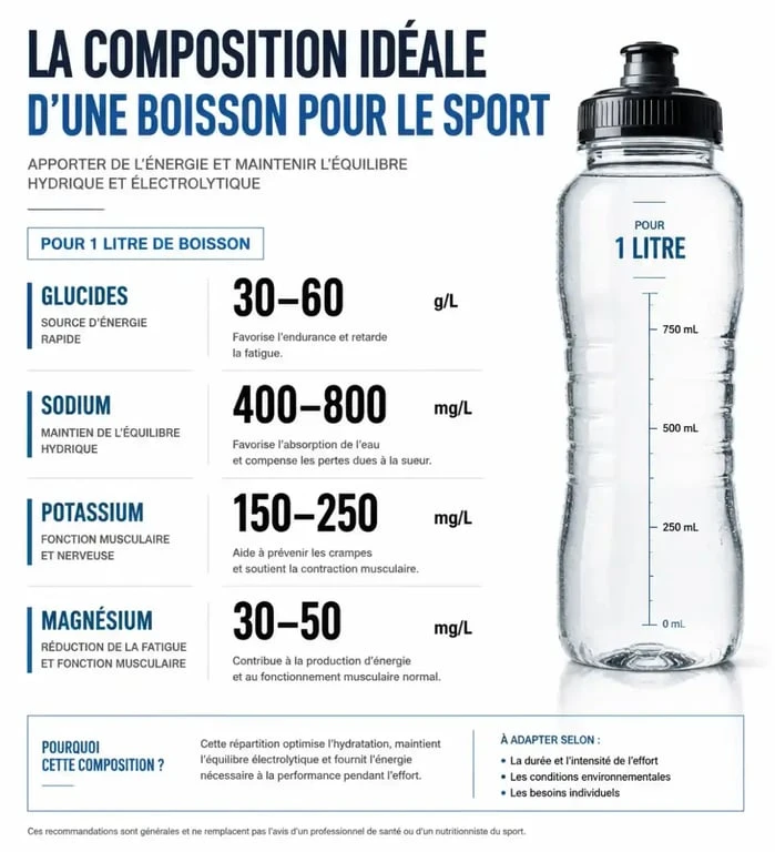Infographie sur la composition idéale d'une boisson pour le sport avec dosages de sodium, glucides et électrolytes.
