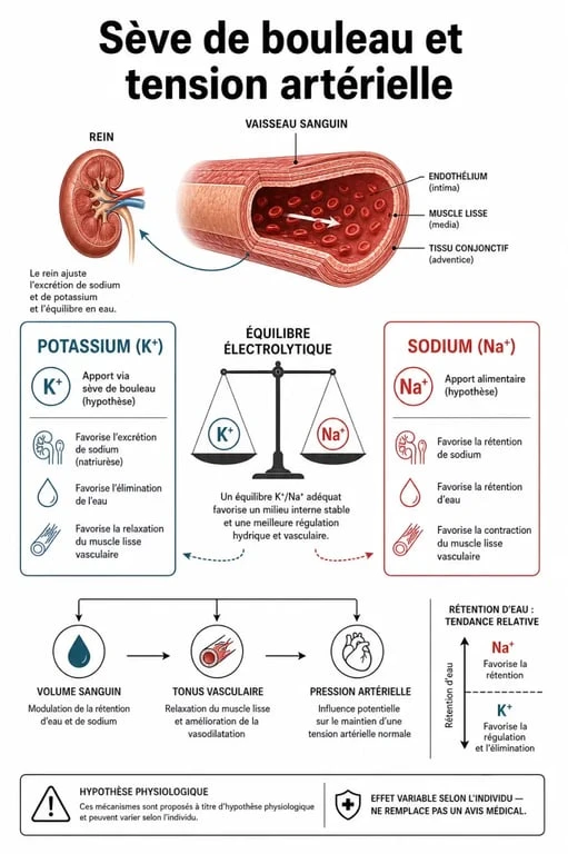 Infographie expliquant les effets de la sève de bouleau et hypertension sur l'équilibre minéral