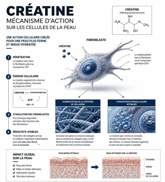 Schéma explicatif des effets de la créatine sur la peau et la production de collagène