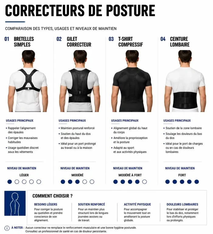 Infographie comparative des types de correcteurs de posture pour choisir le meilleur correcteur de posture adapté à vos besoins