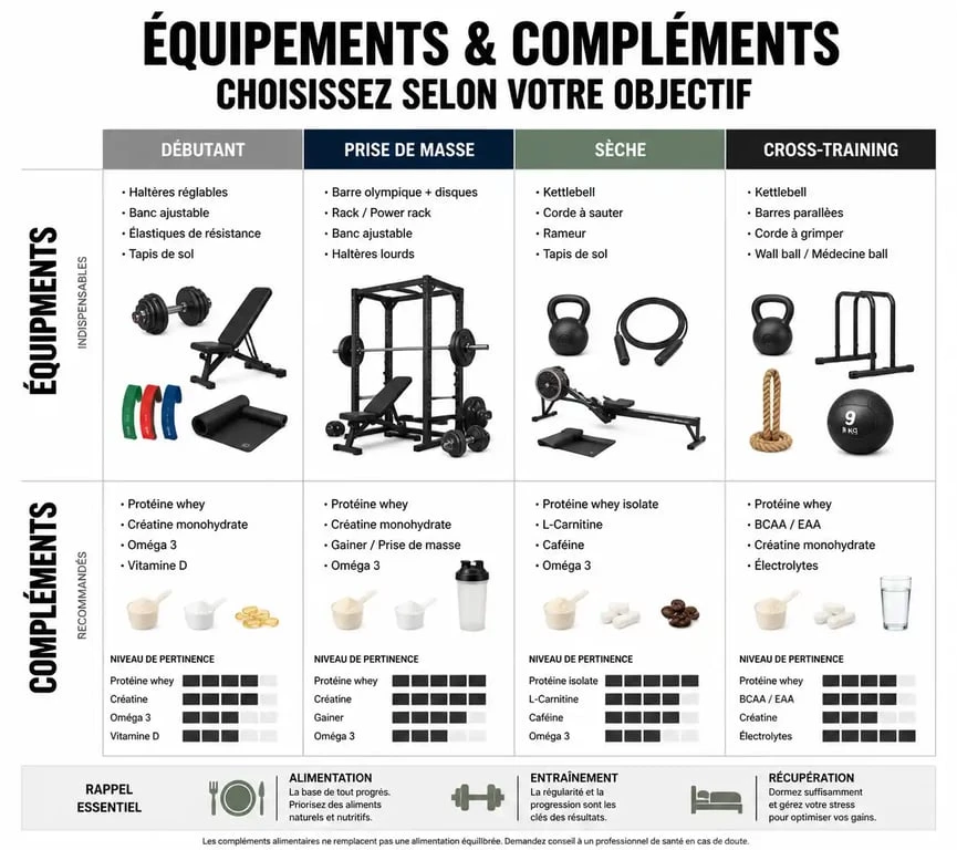 Infographie comparative des équipements et compléments pour musculation selon les objectifs