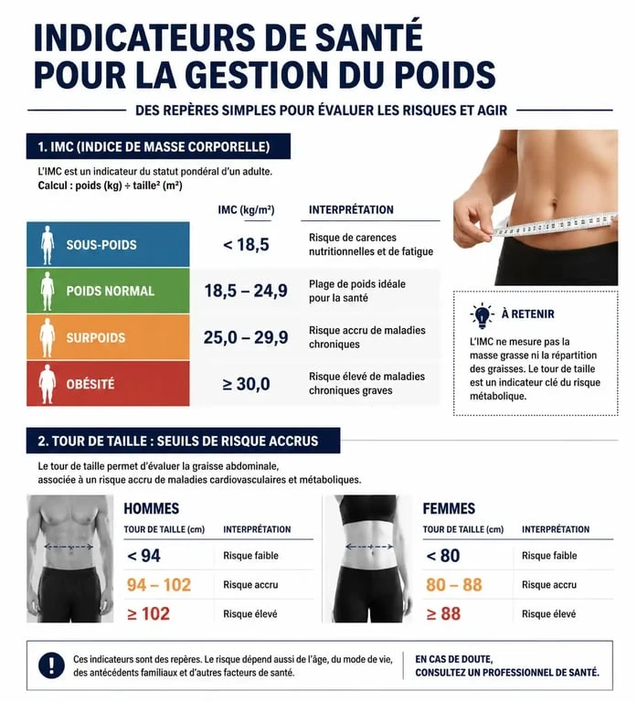 Infographie des indicateurs de santé pour la perte de poids : IMC et tour de taille