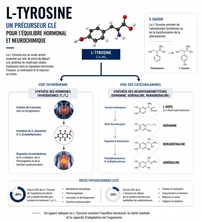 Infographie expliquant les bienfaits de la L-Tyrosine et perte de poids sur le métabolisme et les hormones