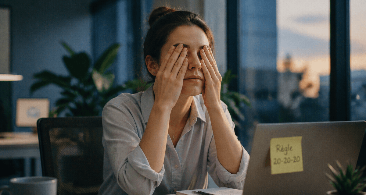 Exercice des yeux palming au bureau