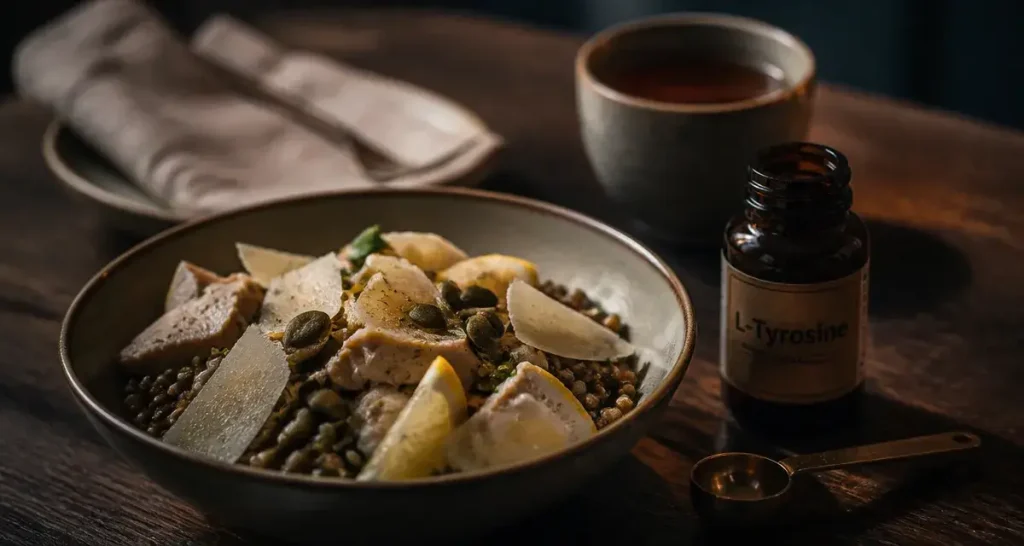 L tyrosine et perte de poids : bol salade lentilles et dinde avec flacon