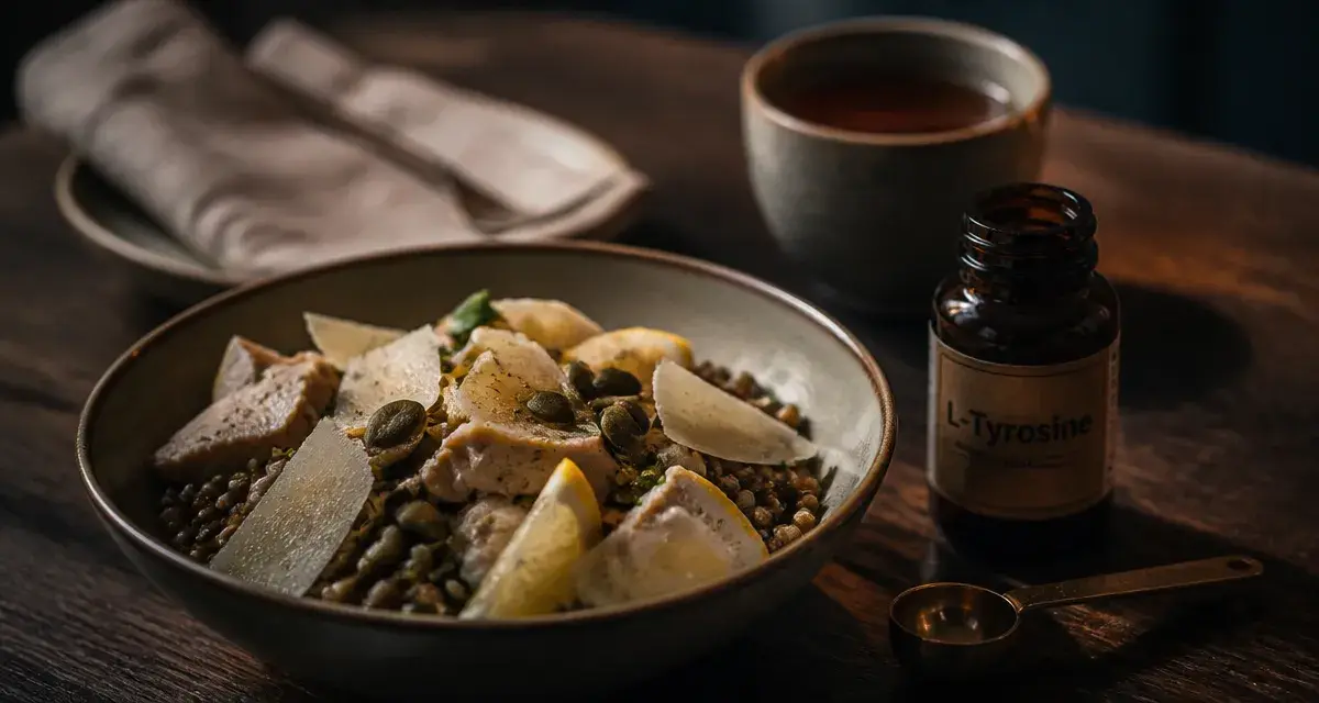 L tyrosine et perte de poids : bol salade lentilles et dinde avec flacon