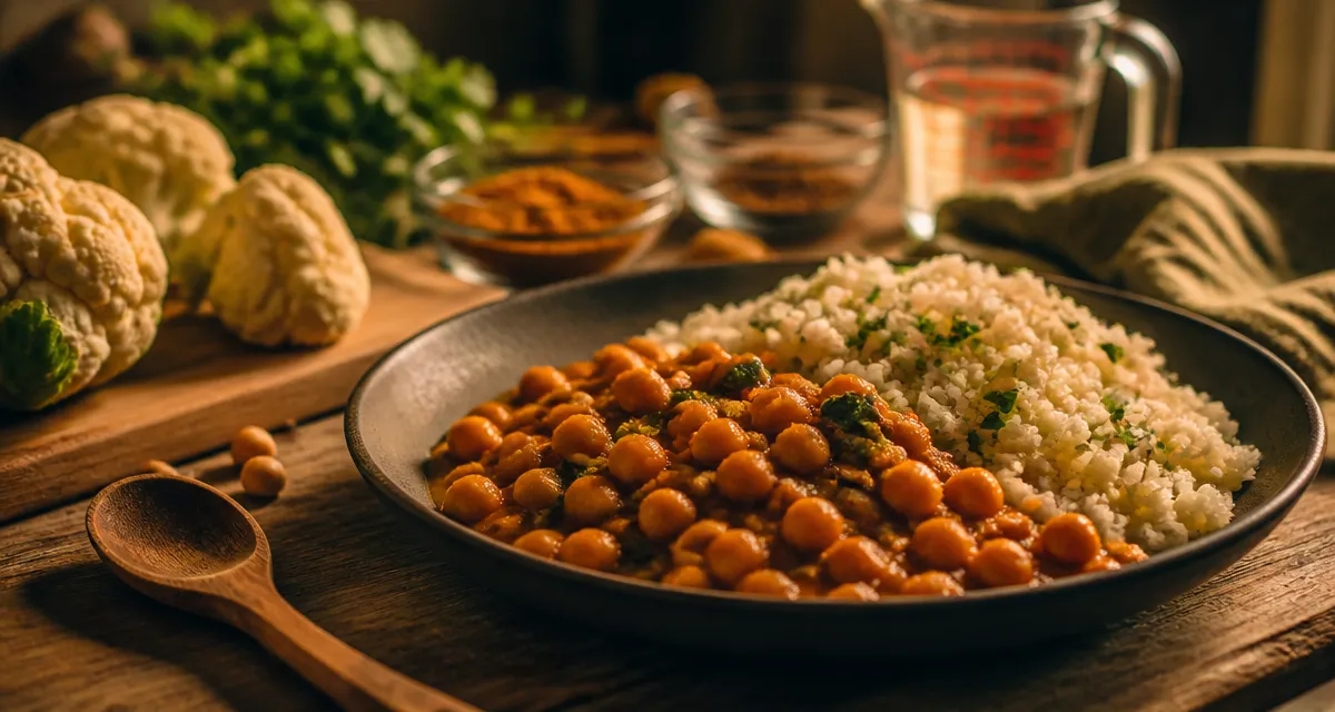 Par quoi remplacer les féculents : curry de pois chiches et “riz” de chou-fleur