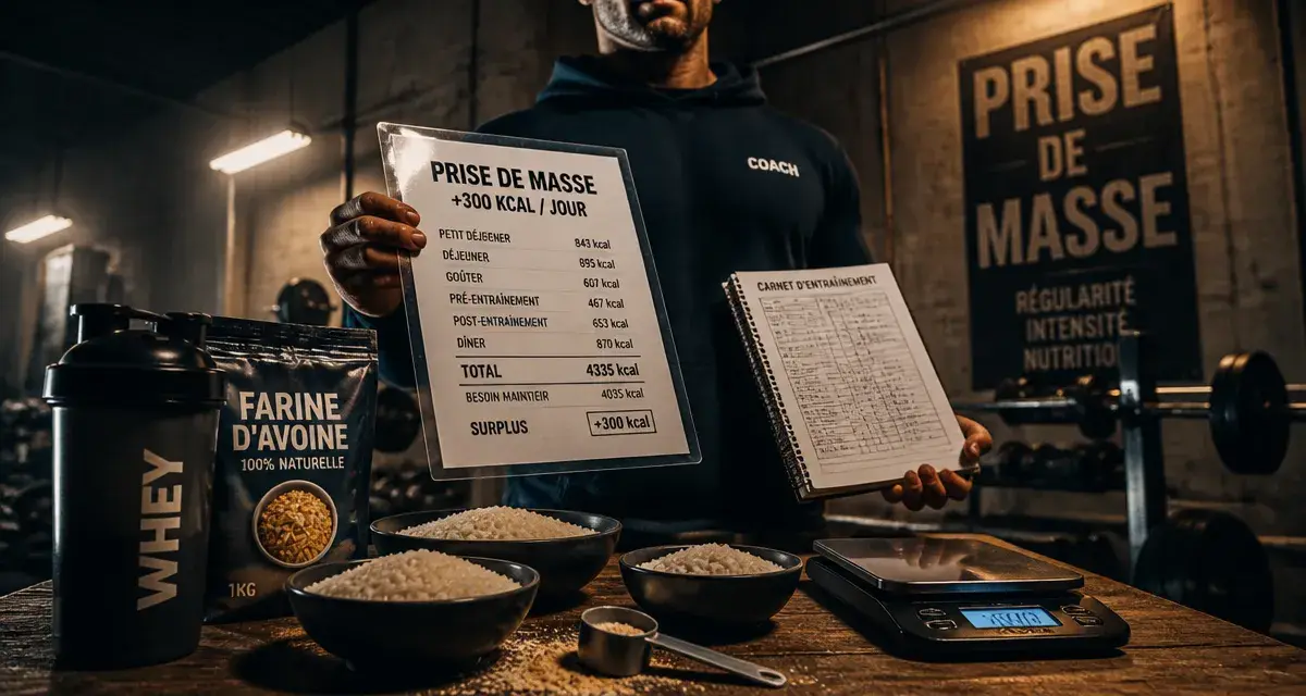 Prise rapide de masse musculaire : coach calcule +300 kcal près du banc