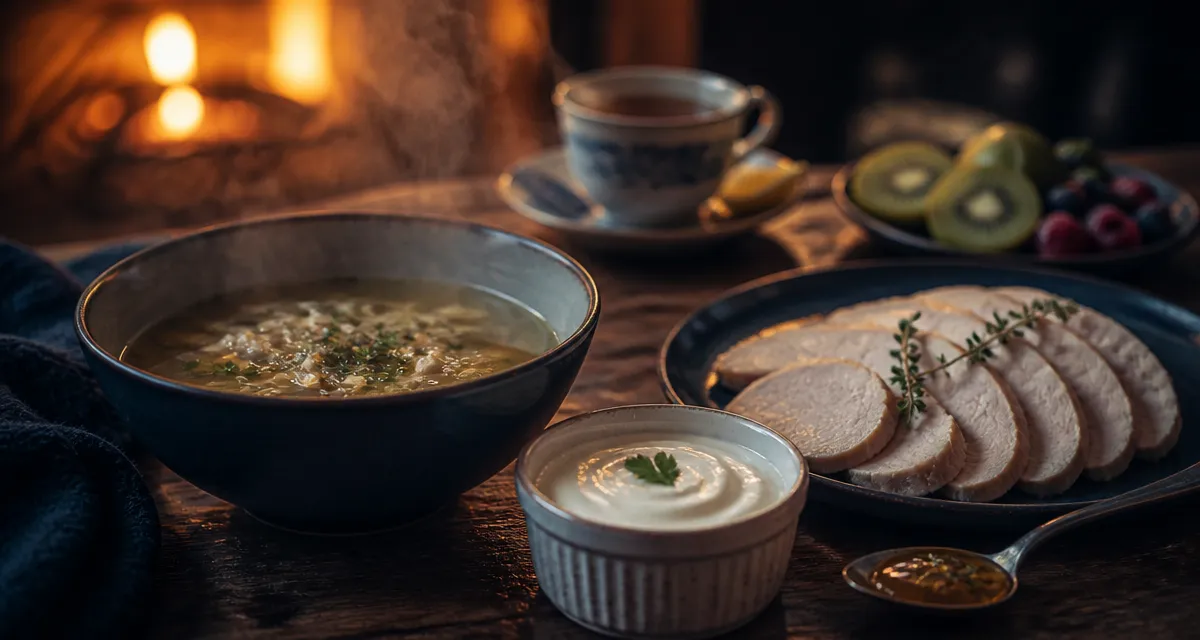 Que manger quand on est malade : bol de bouillon de poulet, dinde vapeur et yaourt
