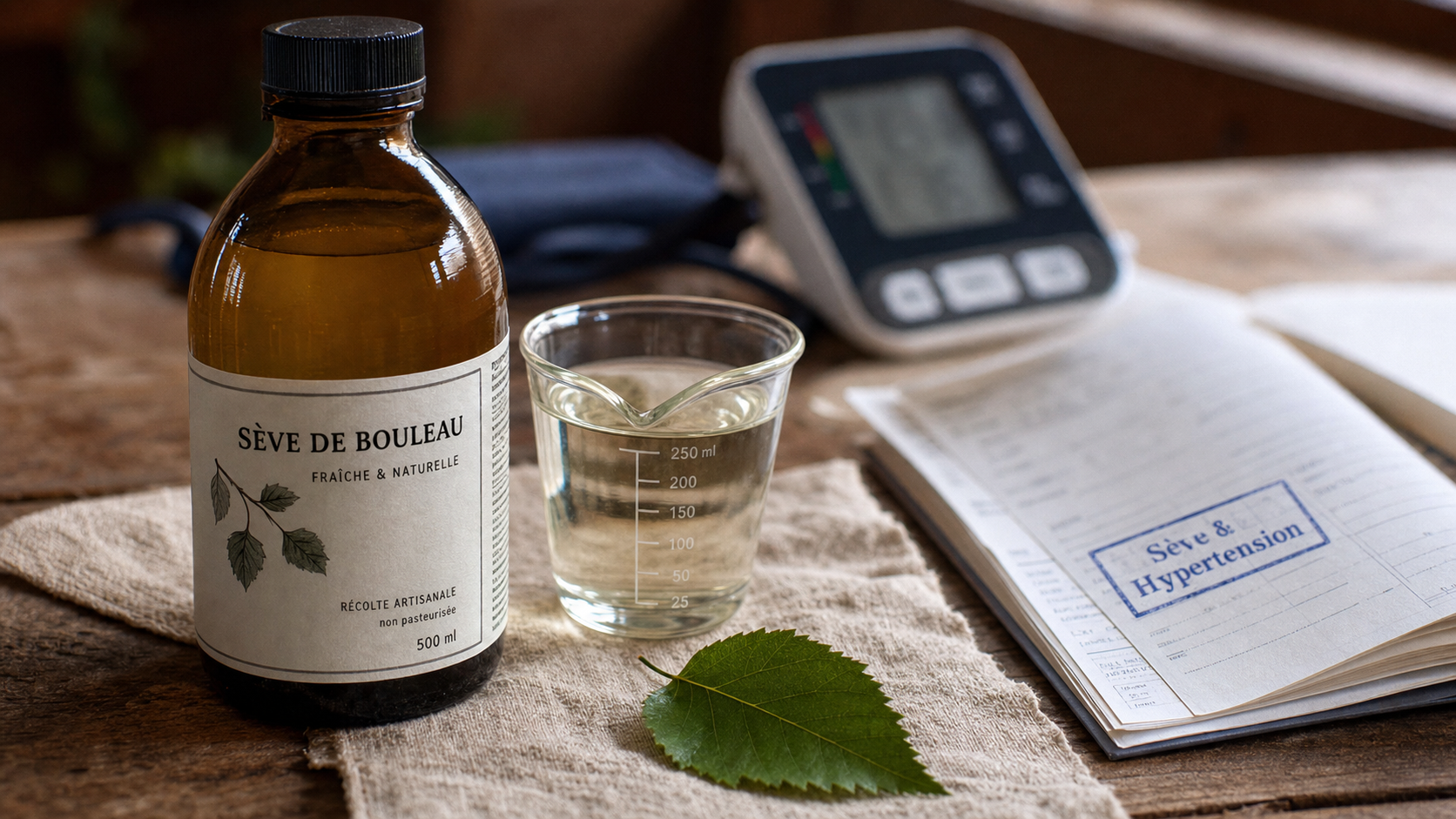 Seve de bouleau et hypertension : bouteille et tensiometre