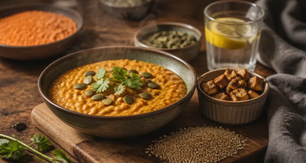 Sources de proteines vegetales : dhal aux lentilles corail, tofu et quinoa