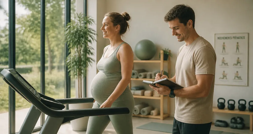 sport grossesse - 1er trimestre, femme enceinte sur tapis roulant