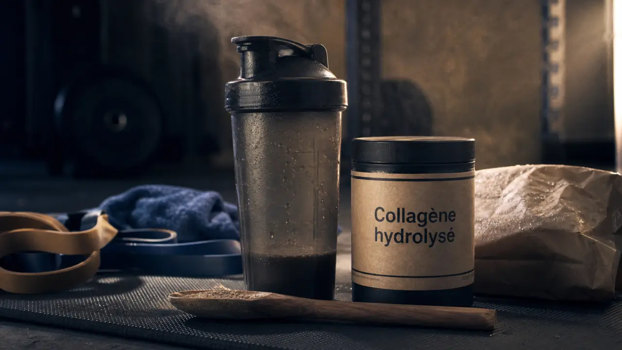 Collagène sportif : shaker et pot de collagène hydrolysé