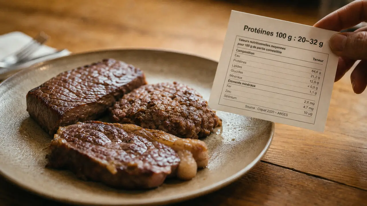 Combien de proteine dans 100g de viande rouge : 20–32 g selon le morceau