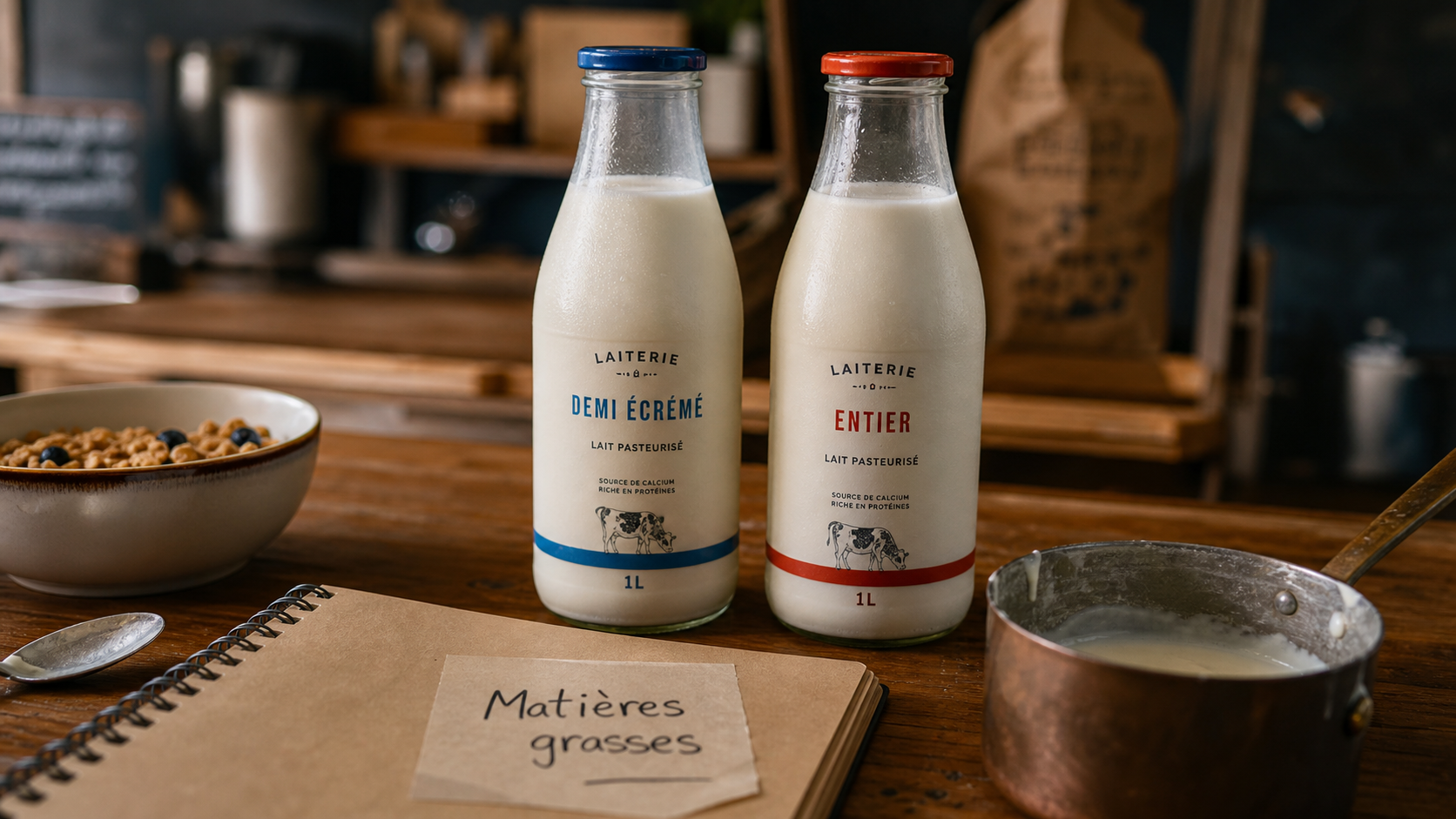 Difference lait entier et demi ecreme : bouteilles de lait, matières grasses