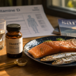 Dose vitamine d pour adulte : flacon vitamine D3 et poissons