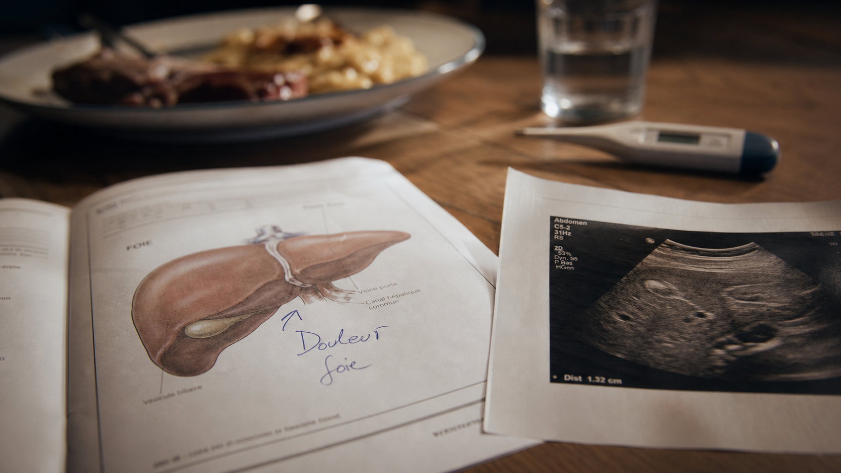 Douleurs cote droit foie : schéma du foie, échographie abdominale