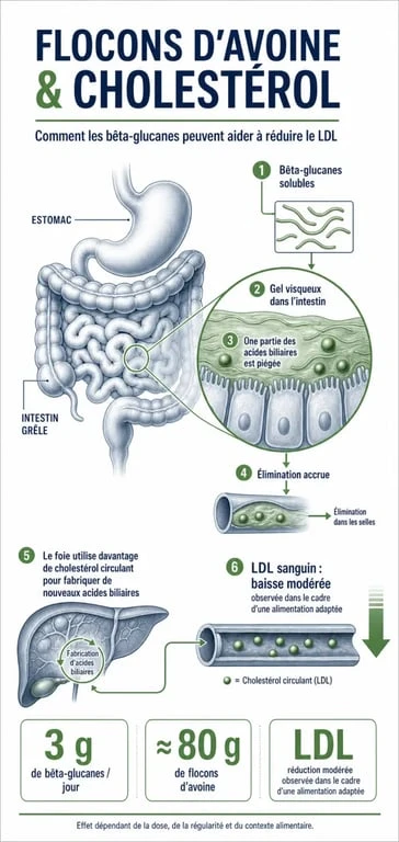 Infographie sur flocon avoine et cholesterol : mécanisme des bêta-glucanes et dose utile