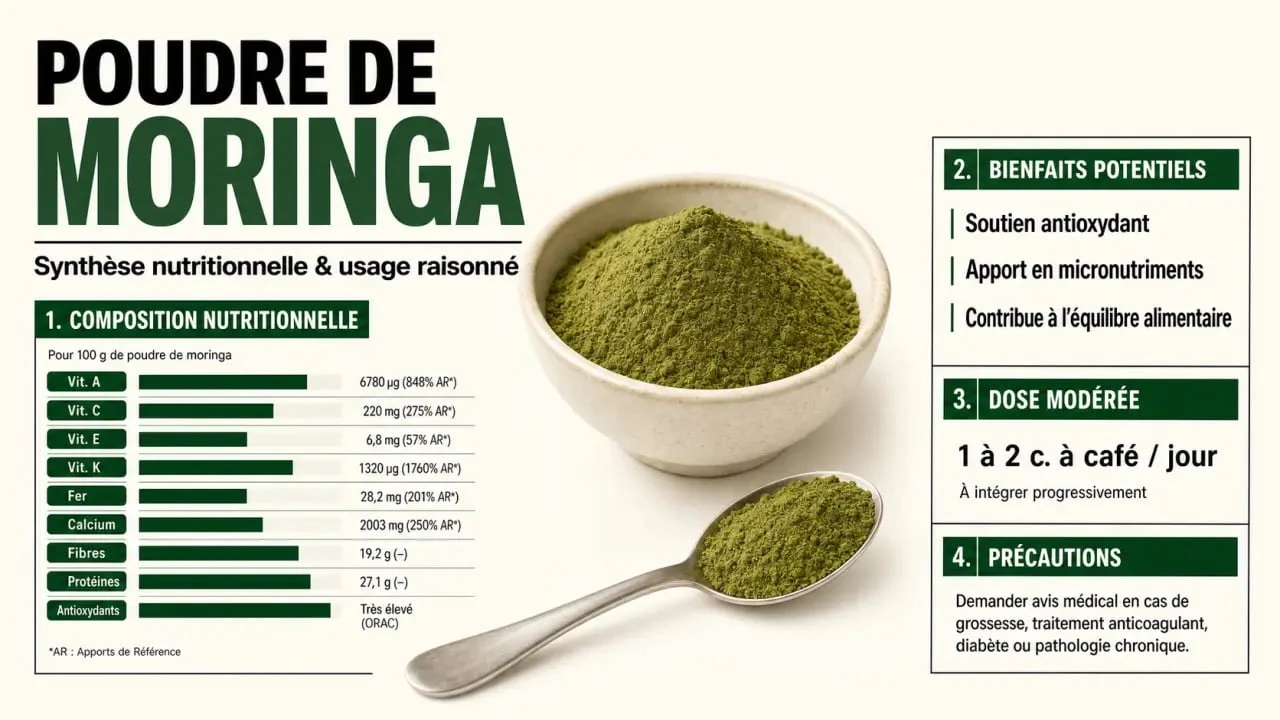 Infographie sur la poudre de moringa bienfait, ses nutriments et ses précautions