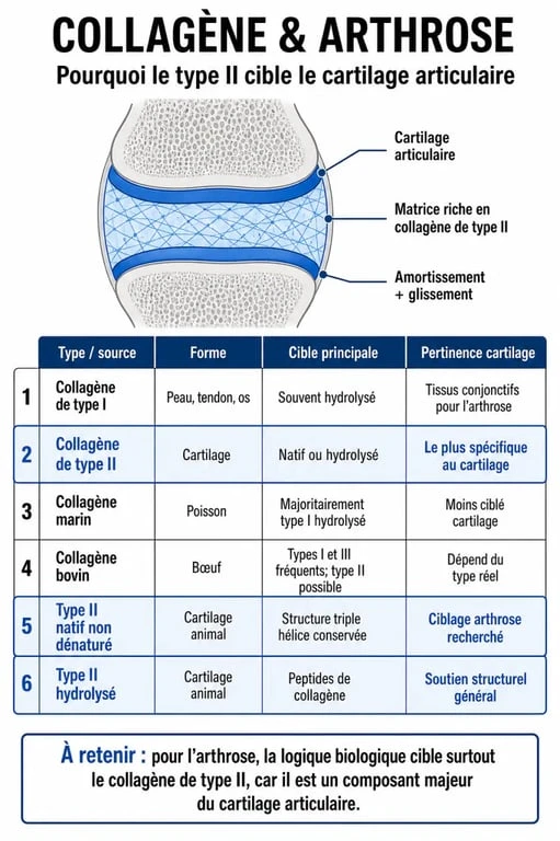 Infographie sur quel est le meilleur collagène pour l'arthrose avec comparaison des types I et II, marin, bovin, hydrolysé et natif non dénaturé