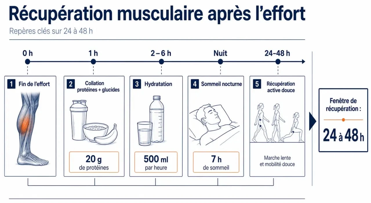 Récupération musculaire avec frise 24 à 48 h, hydratation, protéines, sommeil et récupération active