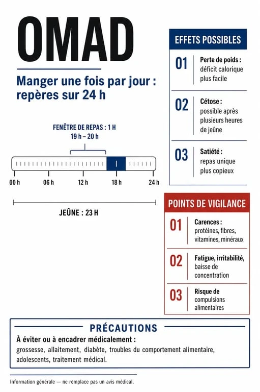 Manger une fois par jour : graphique santé sur les effets, avantages et risques du régime OMAD
