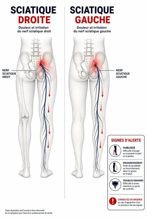Nerf sciatique droite ou gauche : schéma comparatif du trajet de la douleur dans les jambes