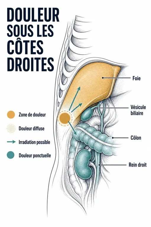 Douleurs cote droit foie : schéma anatomique du haut de l’abdomen montrant le foie, la vésicule biliaire, le rein droit et les zones de douleur