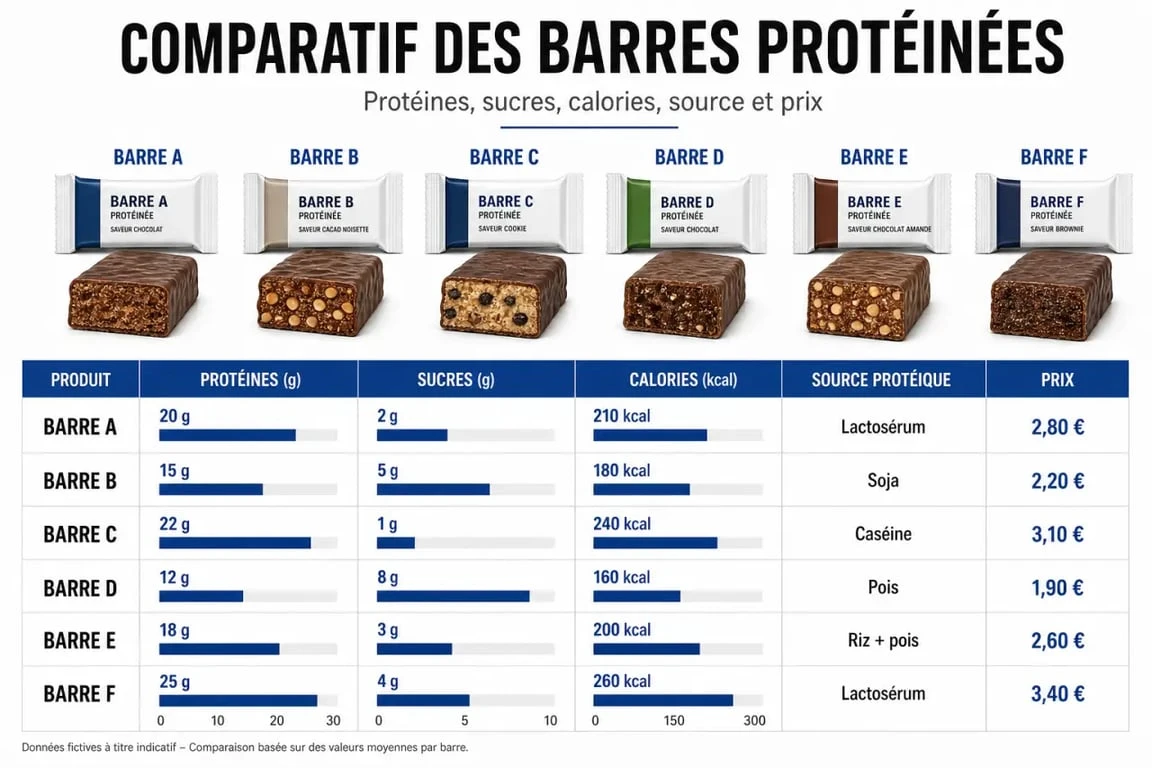 Comparatif des meilleures barres protéinées selon protéines, sucres et calories