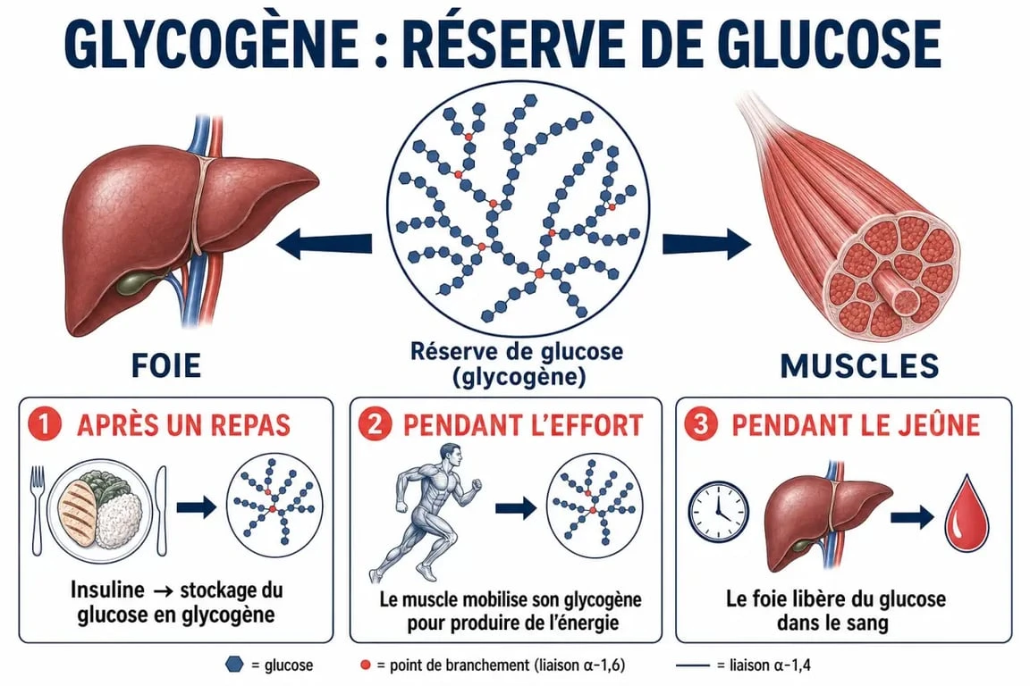 Schéma du glycogène dans le foie et les muscles